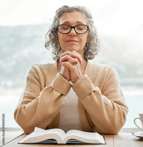 Fotografiet Bible, praying or senior woman in prayer reading book for holy worship, support or hope in Christianity or faith