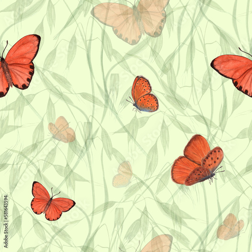 Fototapeta Naklejka Na Ścianę i Meble -  Watercolor seamless pattern of flying orange butterflies isolated on green background of wild oats. For greeting card design, invitation template, prints, wallpaper, fabric, textile, wrapping.