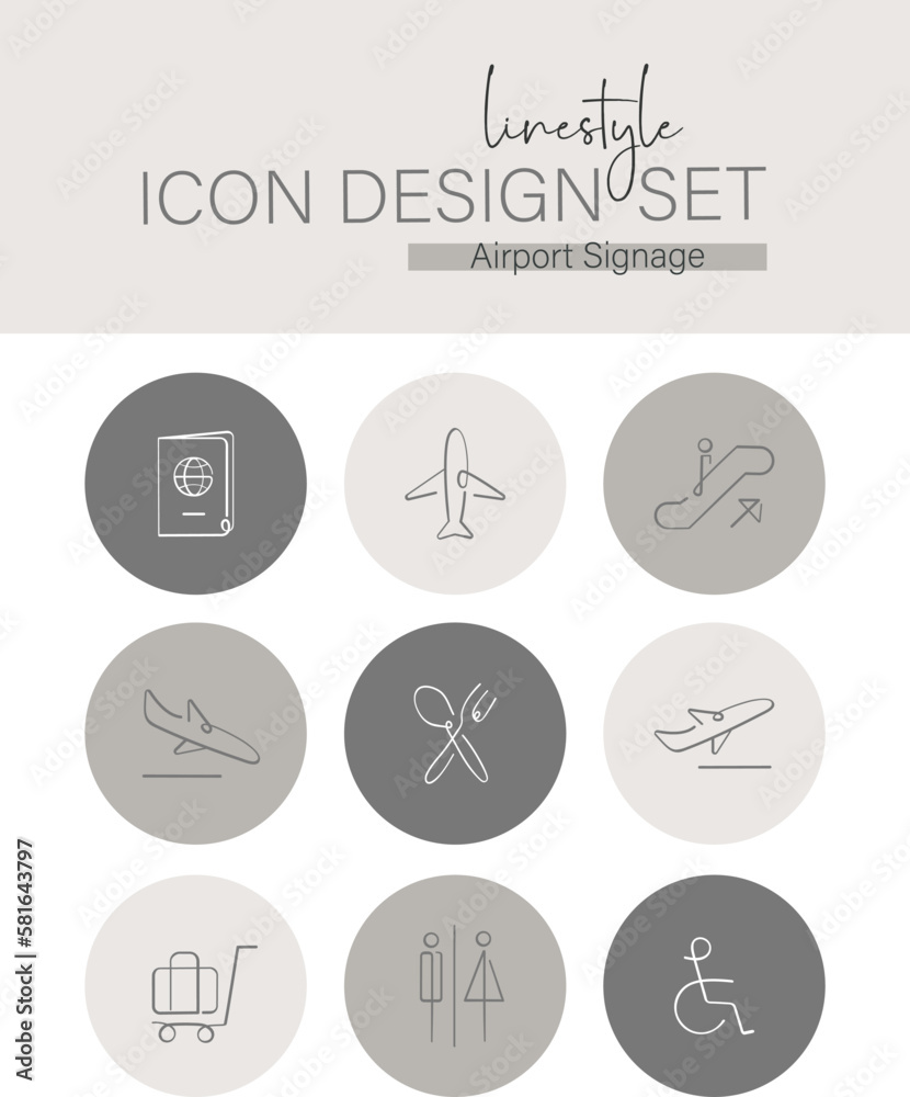 Linestyle Icon Design Set Airport Signage Linestyle Icon Design Set Airport Signage