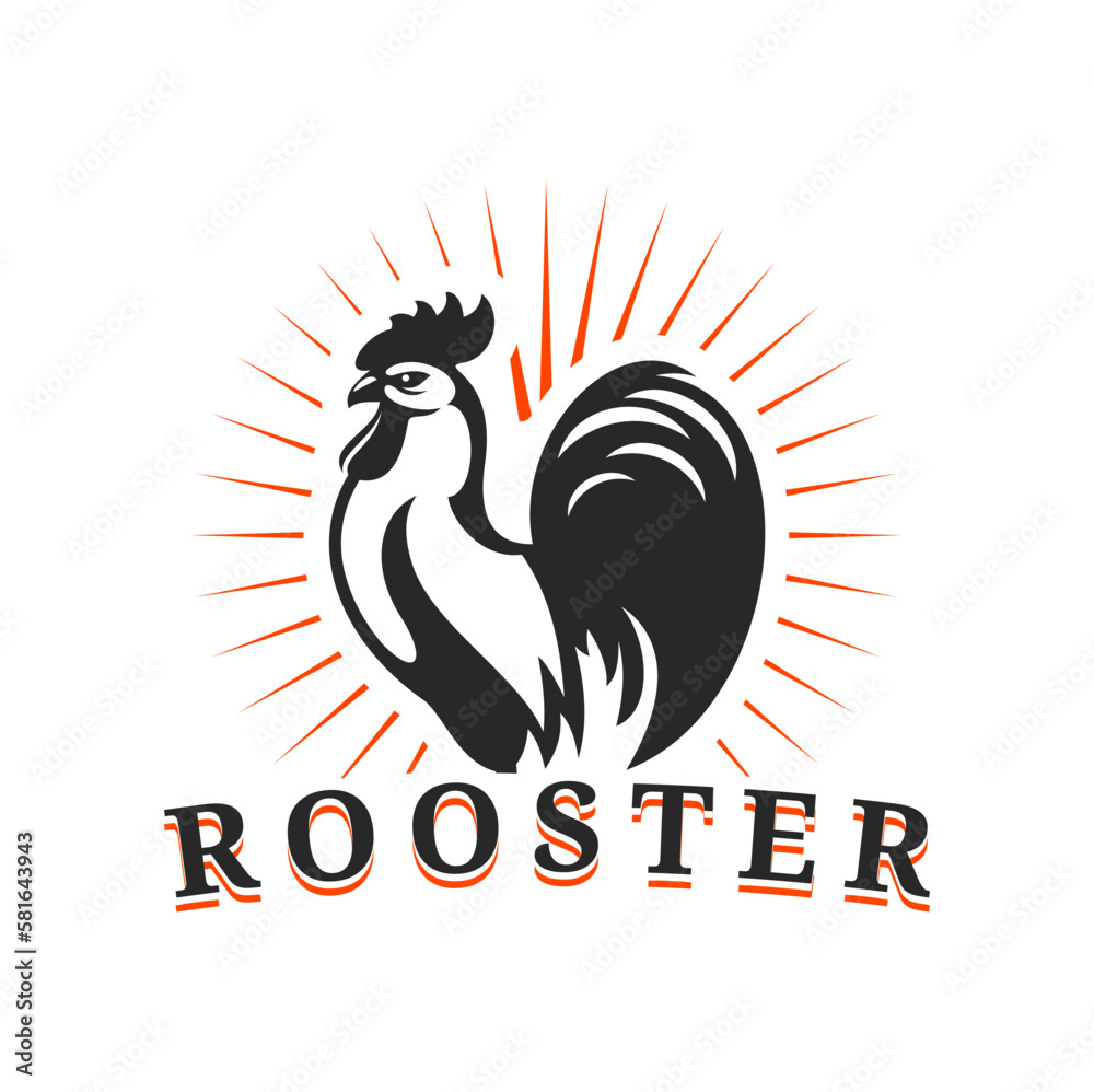 Fototapeta premium Agriculture and farm rooster icon. Vector cockerel silhouette and rays label. Isolated emblem with chicken cock for livestock farm production, poultry rustic farm, domestic fowl or gamecock