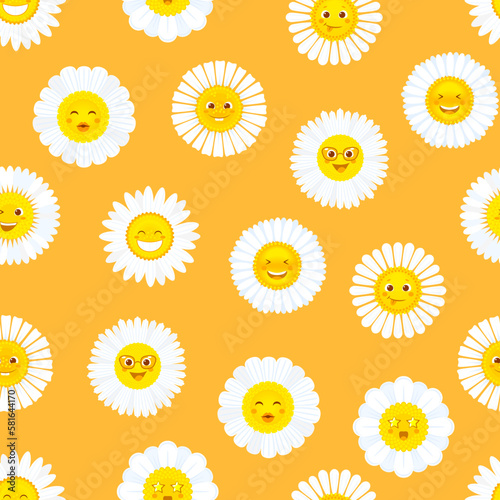 Camomile smile, daisy flowers seamless pattern background, vector cartoon character faces. Happy cute chamomiles or camomile daisy flowers emoji or emoticons with petals pattern on yellow background