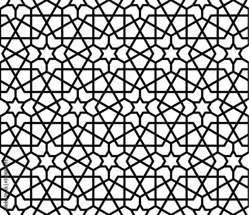 Mashrabiya arabesque arabic pattern, vector seamless islamic background. Mashrabia or Arabian geometric ornament pattern, arabesque mash tile for wall decor or decoration art with geometric flowers photo