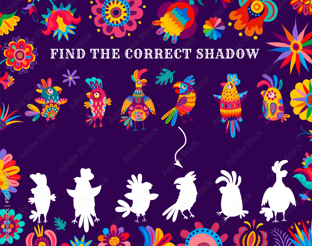 Find the correct shadow of brazilian parrots kids game. Shadow match vector riddle worksheet with tropical birds in traditional alebrije style. Search suitable silhouette of parrot children logic task