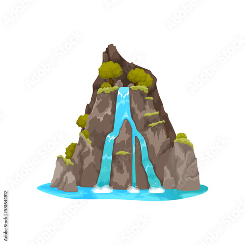 Cartoon waterfall and water cascade, nature landscape of falling water from mountain, isolated vector. Waterfall cascade from river on hill or aqua stream from island rock to tropical forest lake