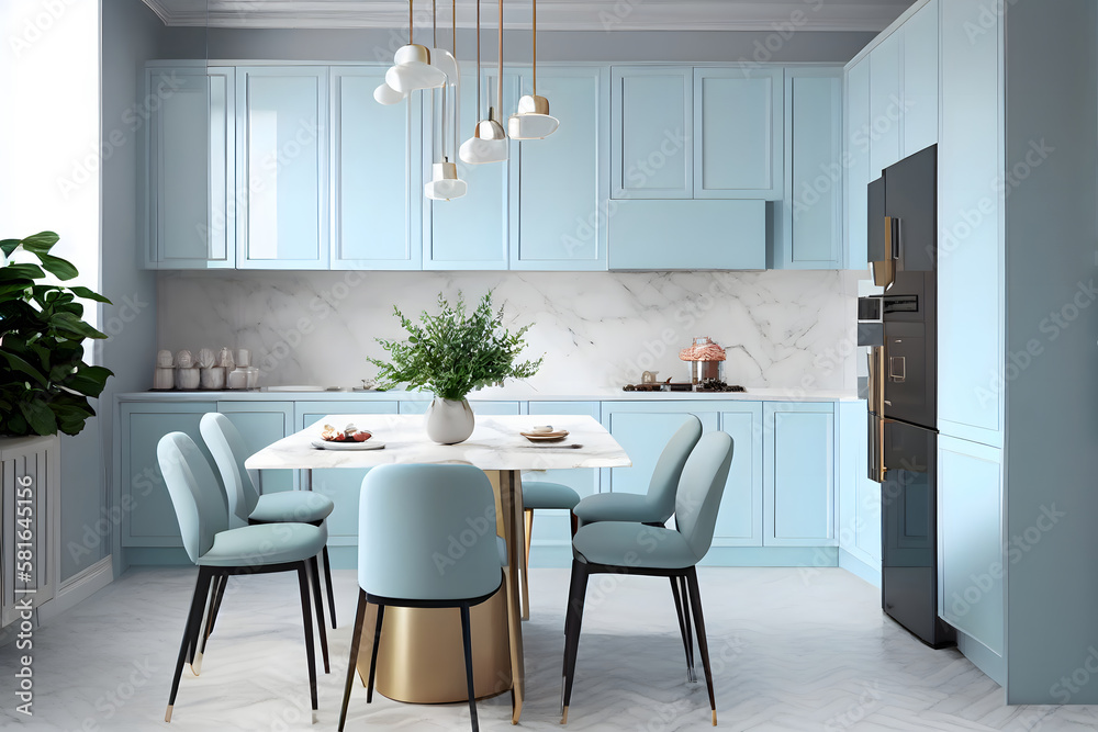 Fototapeta premium Luxury marble modern kitchen featuring light blue flat front cabinets paired with white countertops, dining table and furniture
