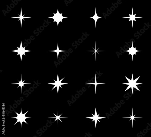Sparkle  starburst and twinkle stars. Vector shine  bright light or glitter  flash  glow or flare of magic star or firework silhouettes with shiny rays and sparks on dark night sky background