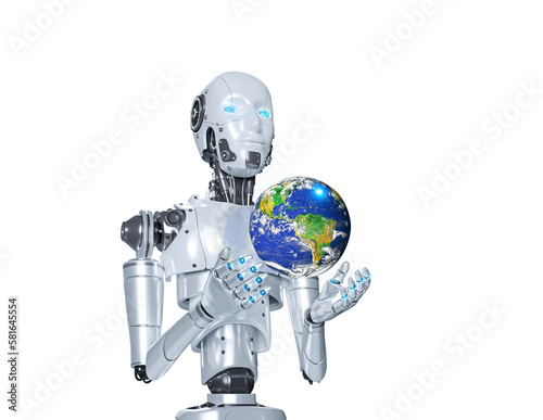 Robot Holding planet Earth isolated on transparent background, 3d rendering and png file, Elements of this image furnished by NASA