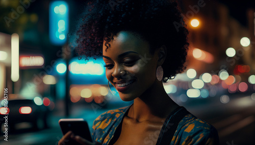 Young black woman enjoying a night out and checking her social media on her phone. Generative Ai. V3