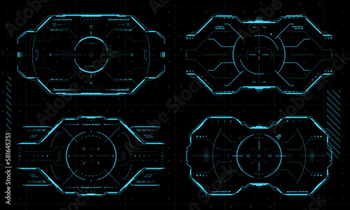 HUD aim control target frames, UI interface or cyber game border, vector futuristic technology. HUD aim target on digital screen frame, Sci Fi or space tech display background of viewfinder dashboard