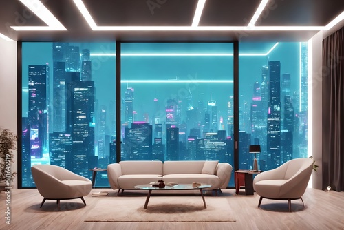 futuristic interior design luxury modern house with neon light, generative art by A.I