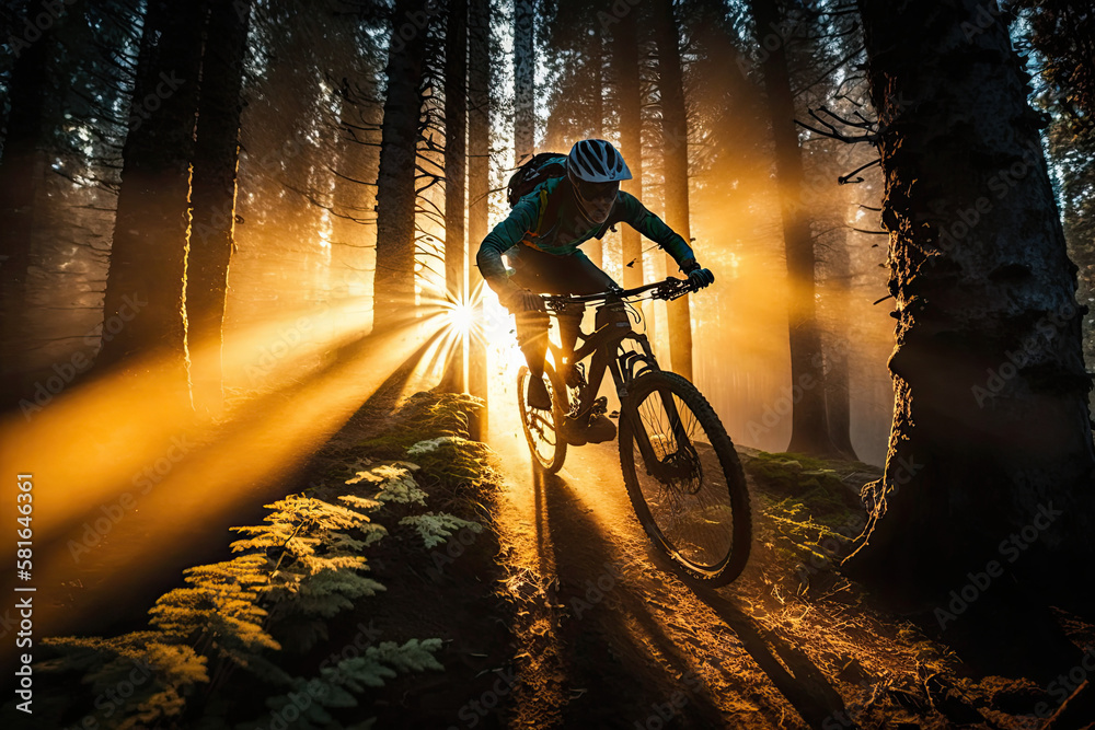 close view of a mountain bike cyclist going through the forest at sunset with the sun rays behind him, generative AI