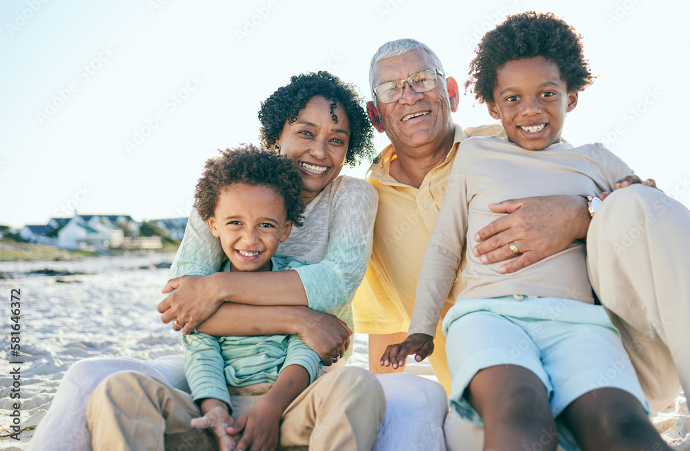 Smile, grandparents and portrait of children at beach enjoy holiday, summer vacation and weekend. Family, love and happy grandpa, grandmother and kids hug for quality time, relax and bonding Smile, grandparents and portrait of children at beach enjoy holiday, summer vacation and weekend. Family, love and happy grandpa, grandmother and kids hug for quality time, relax and bonding