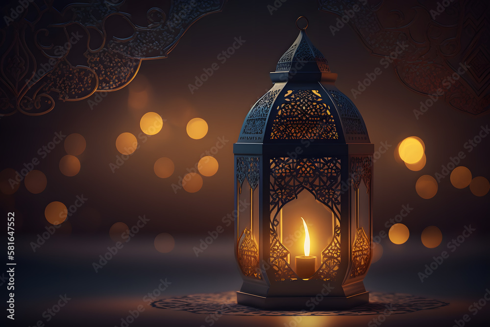 Ornamental Arabic lantern with burning candle glowing Ramadan Kareem made with Generative AI