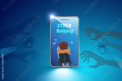 Cyberbullying from social media, child abuse concept. Kid crying on smartphone screen with threaten evil hands from online social media networking.  