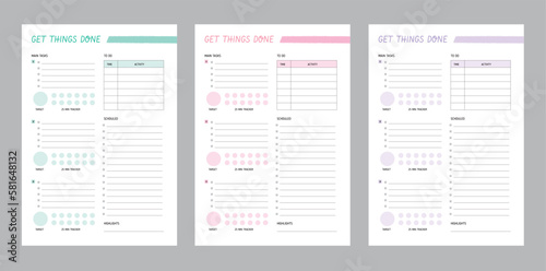 3 set of get it done planner. Minimalist planner template set. Vector illustration.