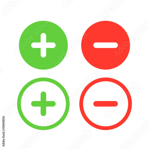 Set of Round Plus and Minus or Positive and Negative Icons