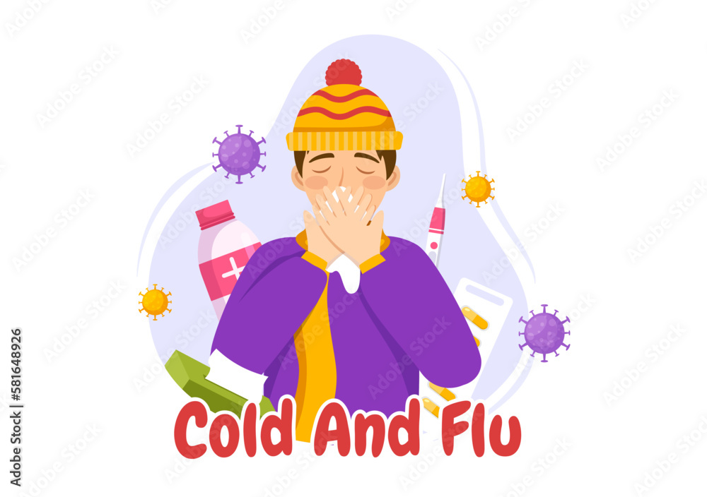 Sick Person Flu and Cold Sickness Illustration with People Wearing Thick Clothes in Flat Cartoon Hand Drawn for Health Care Landing Page Template