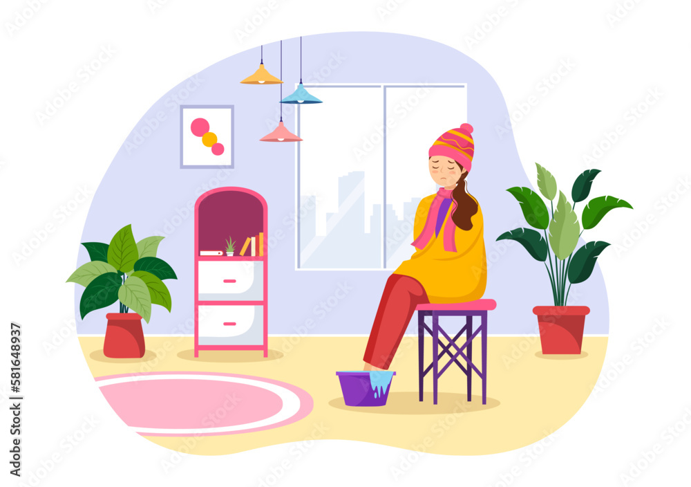 Sick Person Flu and Cold Sickness Illustration with People Wearing Thick Clothes in Flat Cartoon Hand Drawn for Health Care Landing Page Template