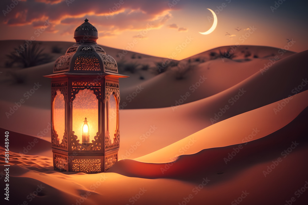 oriental lamp in sand at ramadan night, landscape with bright sunset background made with Generative AI