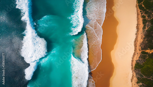 Aerial view over golden sandy beach with waves crashing on the shore. Genreative Ai.