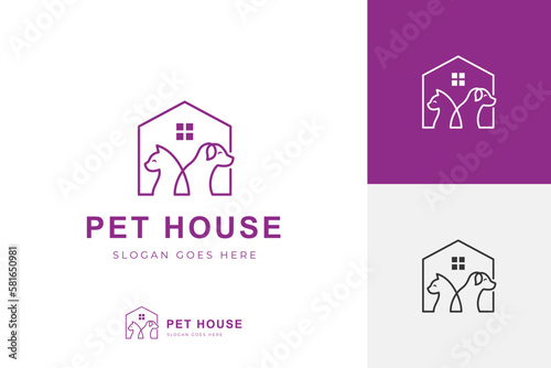 dog cat pet house home logo, vector icon line art logo, outline pet shop logo template