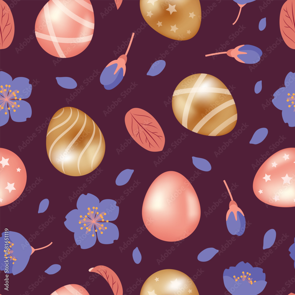 happy easter. Golden and pink chocolate eggs with stars and stripes. Spring flowers, forget-me-nots. Seamless pattern. illustration in realistic style. For wallpaper, fabric, wrapping, background. happy easter. Golden and pink chocolate eggs with stars and stripes. Spring flowers, forget-me-nots. Seamless pattern. illustration in realistic style. For wallpaper, fabric, wrapping, background.