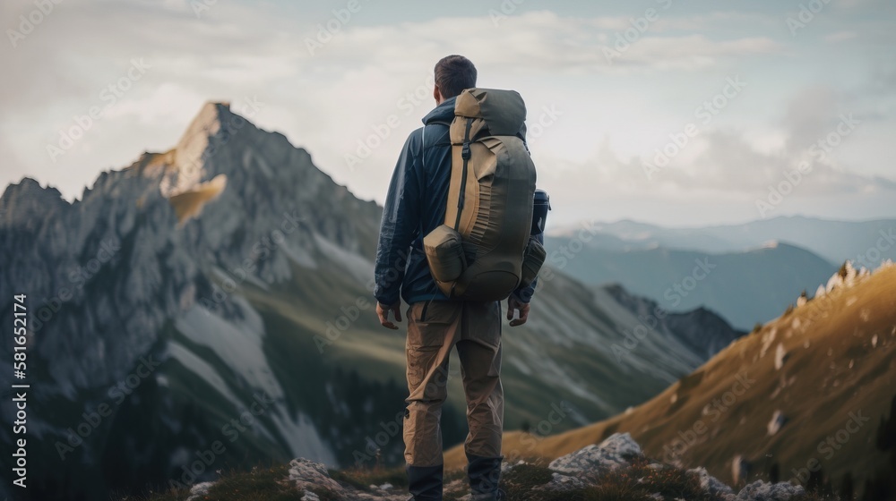 Man hiking looking at the mountains. Outdoor travel adventure in the mountains with hiking and camping gear. Generative AI.