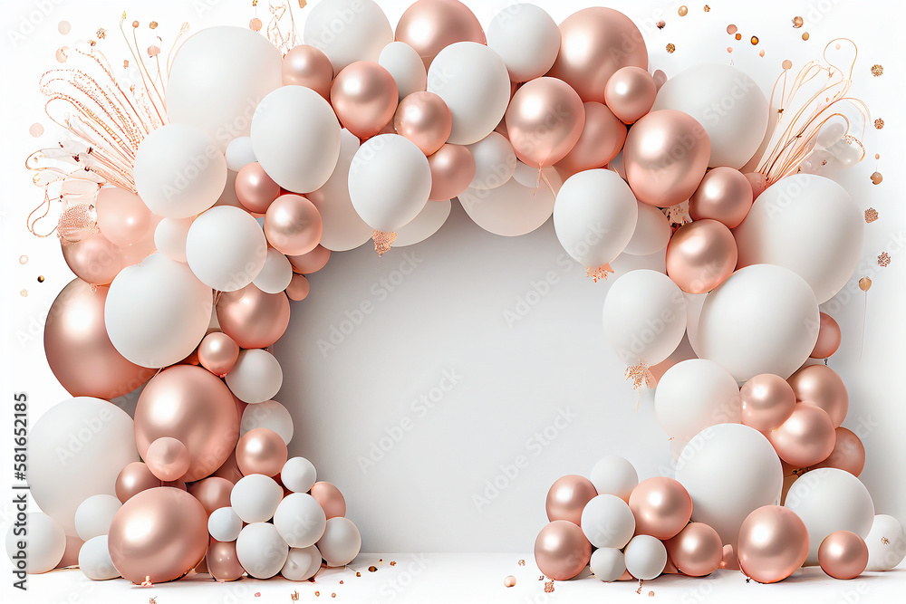3D Background with rose gold and white glam balloons stage round arch ...