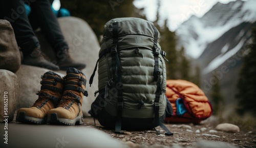 Hiking and camping gear. Outdoor travel adventure in the mountains concept. Generative AI.