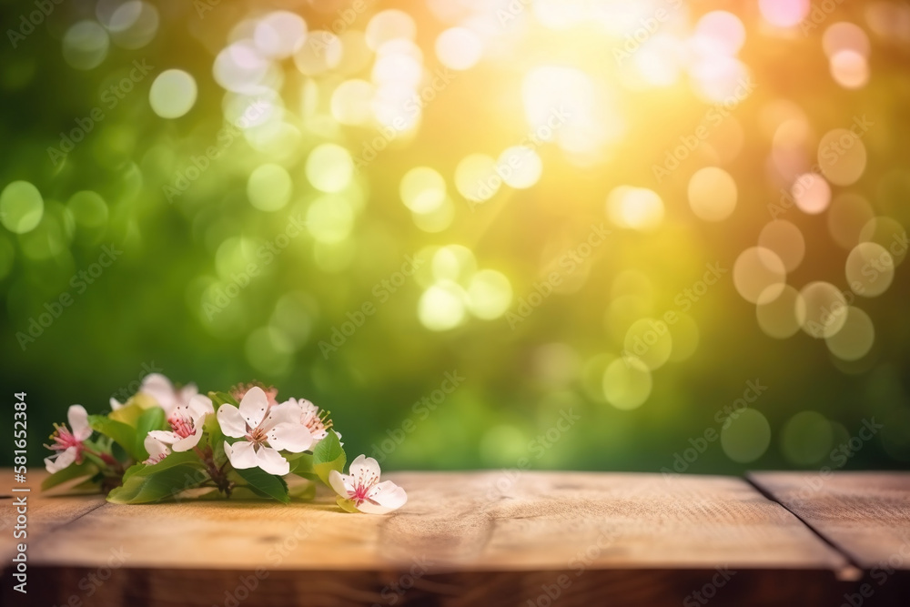Flower Power: Wooden Tabletop in Green Garden with Bokeh Lights and Flare - AI generated Flower Power: Wooden Tabletop in Green Garden with Bokeh Lights and Flare - AI generated