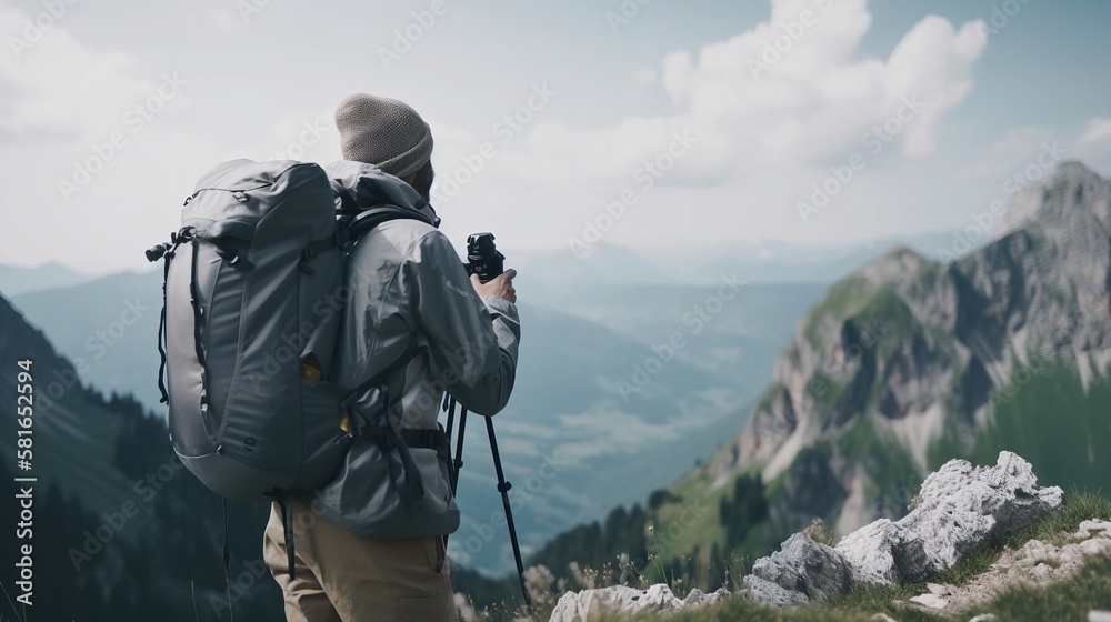 Man hiking looking at the mountains. Outdoor travel adventure in the mountains with hiking and camping gear. Generative AI.