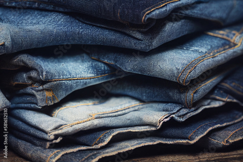 A stack of blue jeans with one of them missing the bottom Generative ai