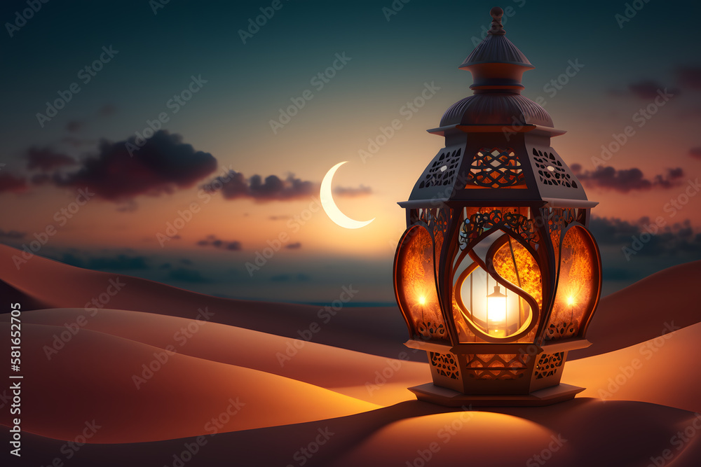 Arabic lantern in a desert. Holy month of Ramadan concept. Dusk sky, crescent moon. Copy space made with Generative AI Arabic lantern in a desert. Holy month of Ramadan concept. Dusk sky, crescent moon. Copy space made with Generative AI