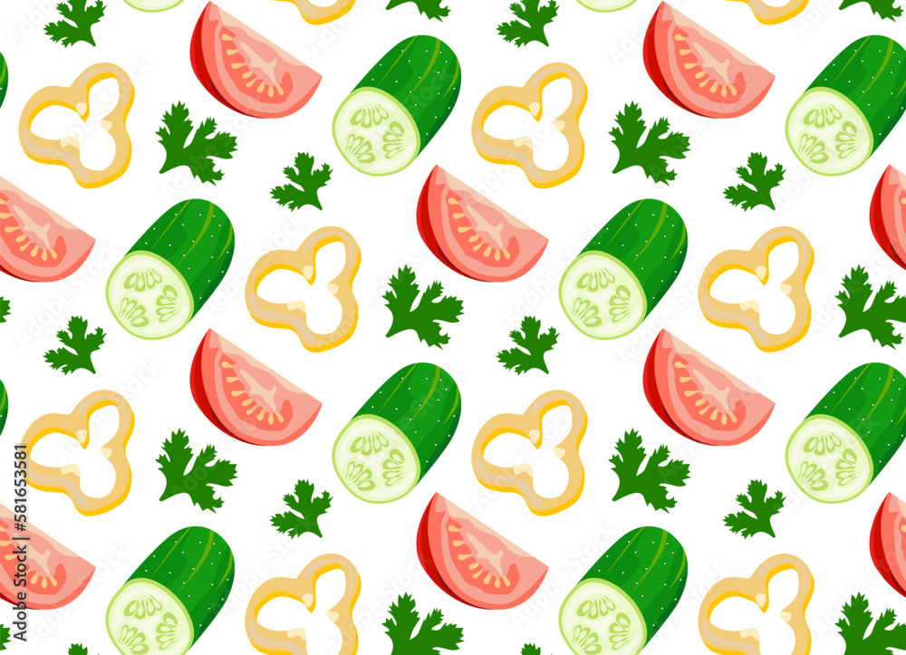 Pattern with sliced cucumbers, tomatoes, bell peppers and parsley. Pattern with food. Seamless pattern in vector. Realistic image of vegetables. Isolated figures. Pattern with sliced cucumbers, tomatoes, bell peppers and parsley. Pattern with food. Seamless pattern in vector. Realistic image of vegetables. Isolated figures.