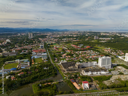 Cityscape panorama of Kota Kinabalu city with modern buildings. Borneo,Sabah, Malaysia.