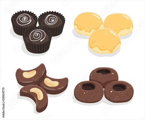 Assorted chocolate cookies, pineapple tart, almond moon cookies. (ID: 581654779)