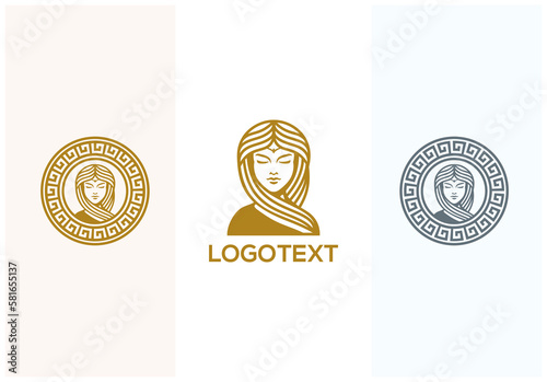 Greek Woman with Golden Circle Pattern logo illustration vector design