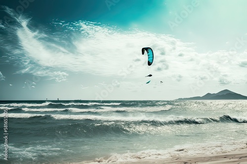 Kite surfing on Pacific beach. Photo generative AI