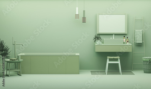 Green bathroom interior color of the year 2023. Patel blue color. Template modern design interior home. 3D rendering 