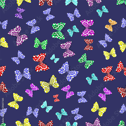 Seamless pattern with interesting doodles on colorfil background. Vector illustration. Butterflies.