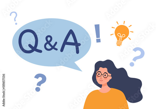 Question and answer concept vector illustration. Woman with lightbulb in flat design.