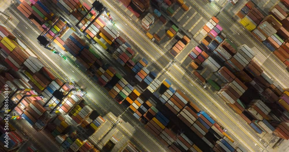 Aerial Drone Time Lapse Top View Over Container Terminal Port Loading