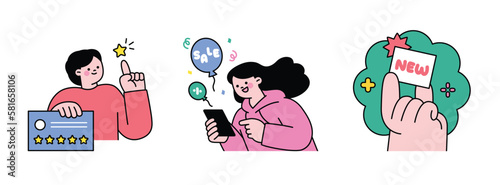 Online internet live commerce. People shopping on mobile and computer. New products and coupons and reviews.