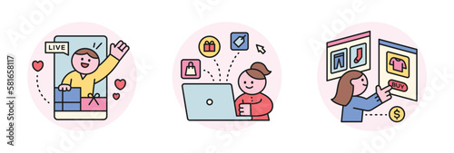 Online internet live commerce. People shopping on mobile and computer. Welcome and computer and web shopping page.