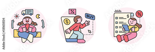 Online internet live commerce. People shopping on mobile and computer. Fast delivery, smartphone and shopping list.