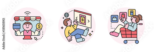 Online internet live commerce. People shopping on mobile and computer. Web shop and web page and ride in shopping cart.