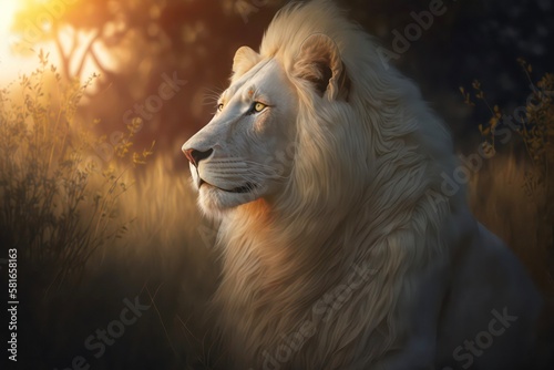 Portrait of a majestic white lion in the light of the sun in savanna. Generative AI.