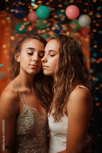 Young lesbian couple at a prom celebration party. Generative AI