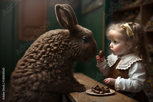 A brown easter bunny goes arround and gives chocolate eggs and hope to the small children of ukraine and other war stricken places around the world, love and peace to everyone photo