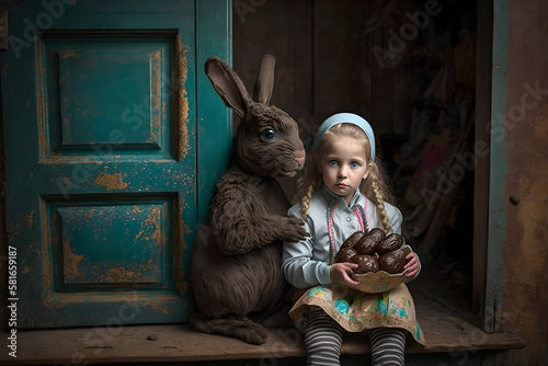 A brown easter bunny goes arround and gives chocolate eggs and hope to the small children of ukraine and other war stricken places around the world, love and peace to everyone photo